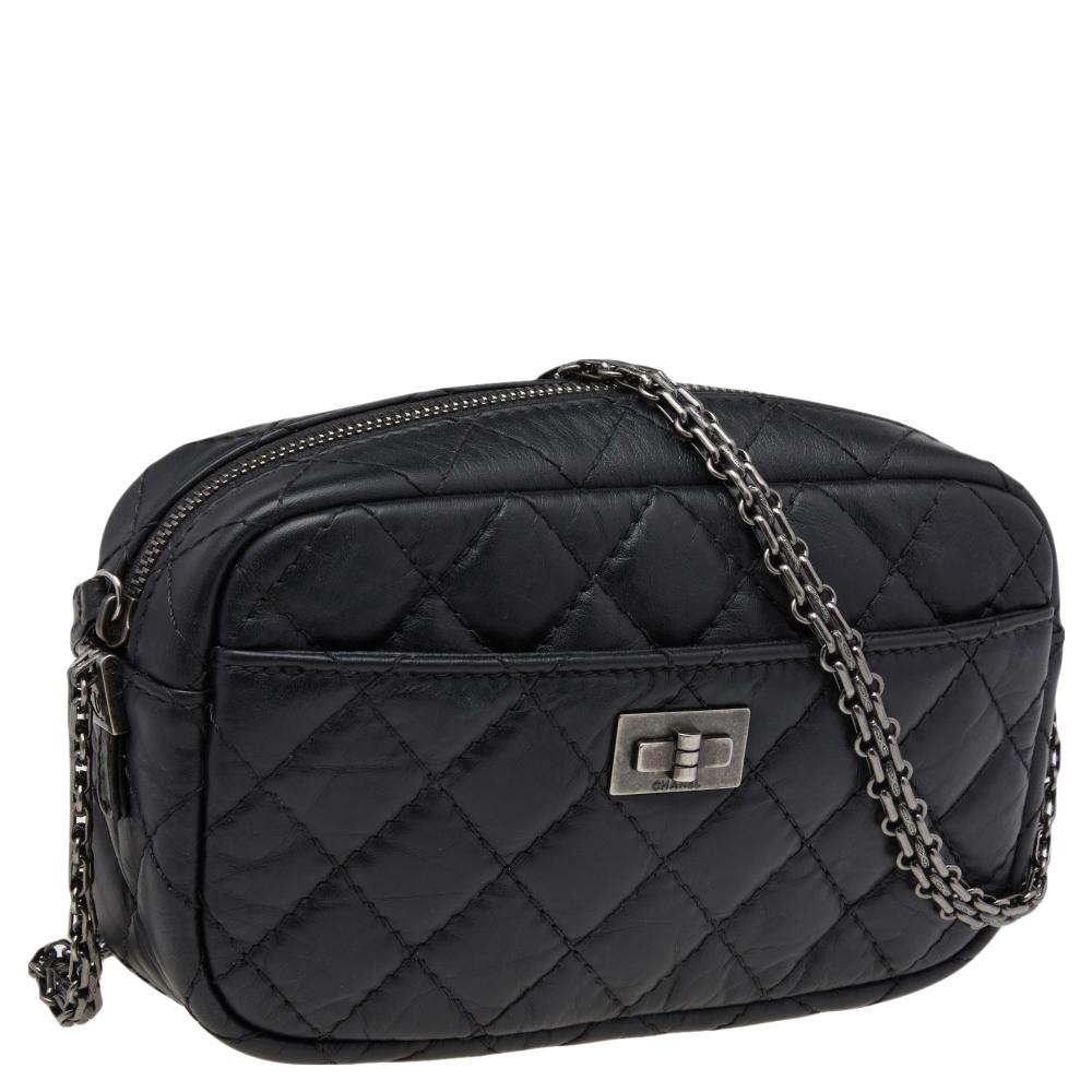 Chanel Black Aged Quilted Leather Mini Reissue Camera Bag In Good Condition In Dubai, Al Qouz 2