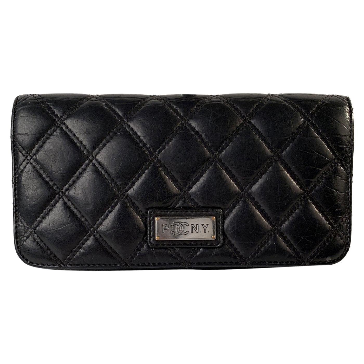 Chanel Black Aged Quilted Leather New York PNY Continental Wallet