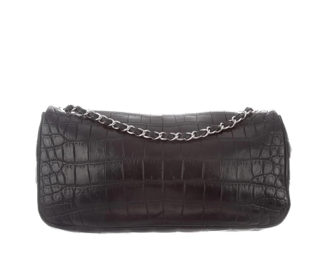 Chanel Black Alligator Exotic Leather Silver Extra Large Shoulder Flap Bag In Good Condition In Chicago, IL