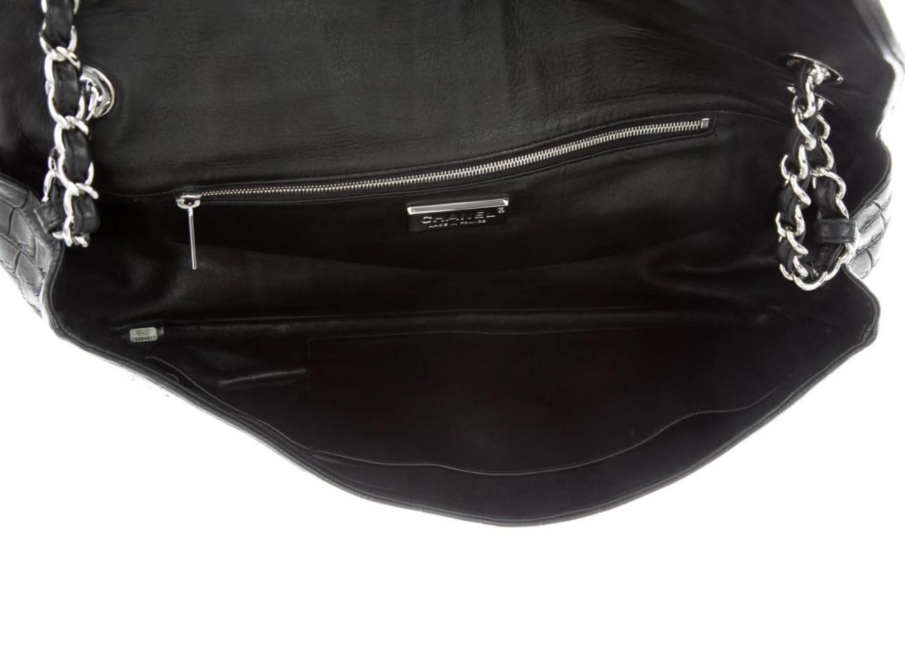 Women's Chanel Black Alligator Exotic Leather Silver Extra Large Shoulder Flap Bag