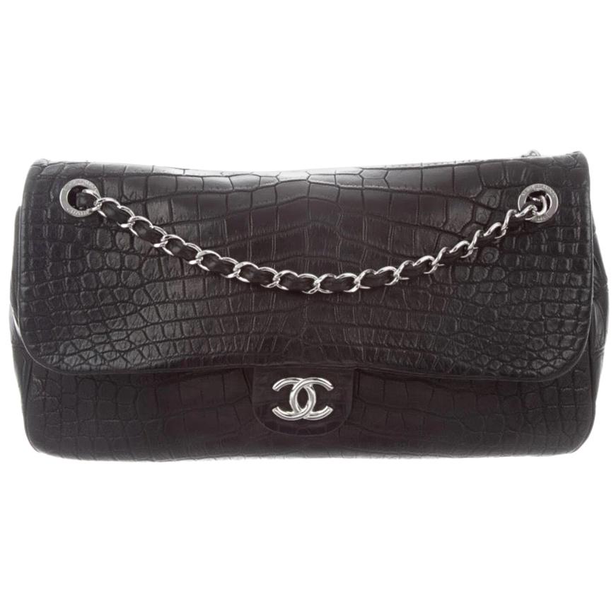 Chanel Black Alligator Exotic Leather Silver Extra Large Shoulder Flap Bag