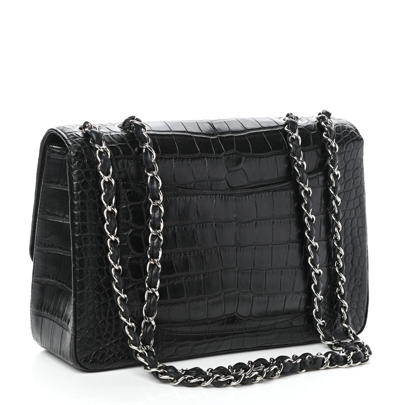 CHANEL Black Alligator Exotic Leather Silver Hardware Jumbo Shoulder Flap Bag In Good Condition In Chicago, IL