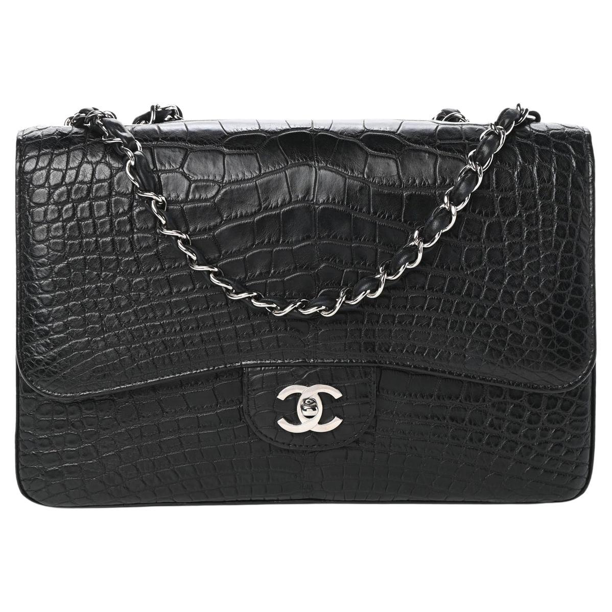 CHANEL Black Alligator Exotic Leather Silver Hardware Jumbo Shoulder Flap Bag