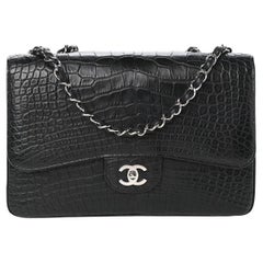 CHANEL Black Alligator Exotic Leather Silver Hardware Jumbo Shoulder Flap Bag