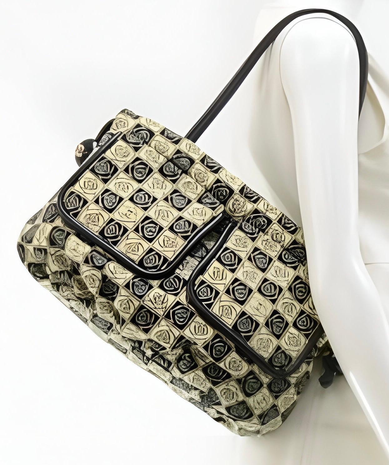 - Sac à main Chanel en toile camélia noire et beige de la collection 2003 à 2004.

- Passepoil et poignées en cuir noir. 

- Deux grandes poches frontales avec fermetures à boutons magnétiques. 

- Deux boules en résine sur les côtés du sac, gravées
