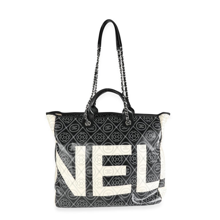 Chanel Black and Beige Coated Canvas and Leather Camellia & CC Print Shopper