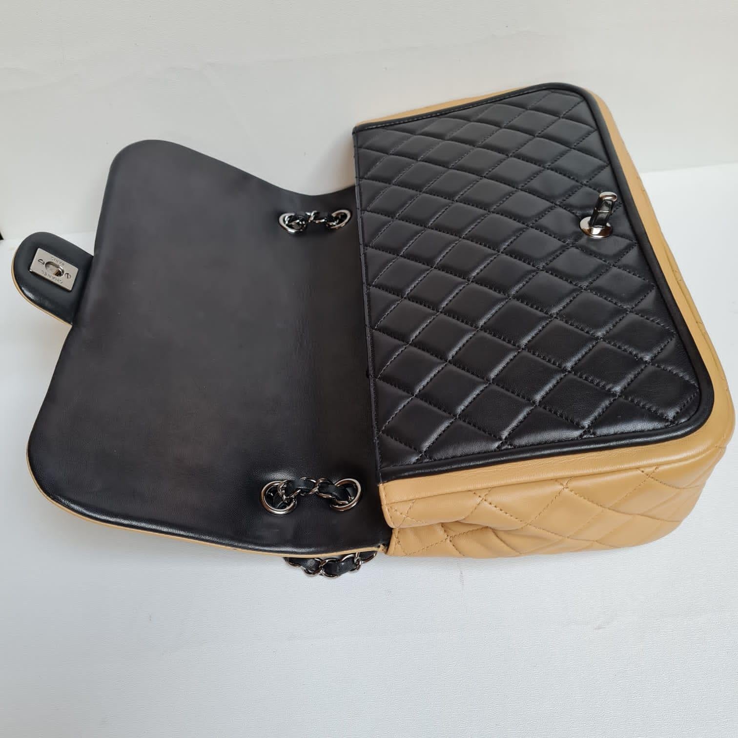 Chanel Black and Beige Lambskin Quilted Twist Two Tone Jumbo Single Flap Bag 2