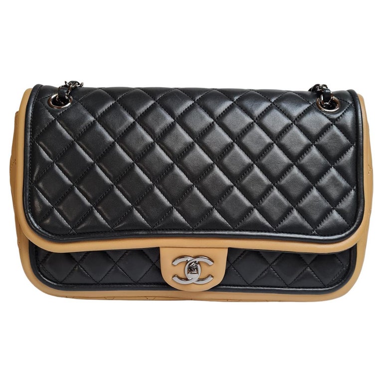 Chanel Black and Beige Lambskin Quilted Twist Two Tone Jumbo Single Flap Bag