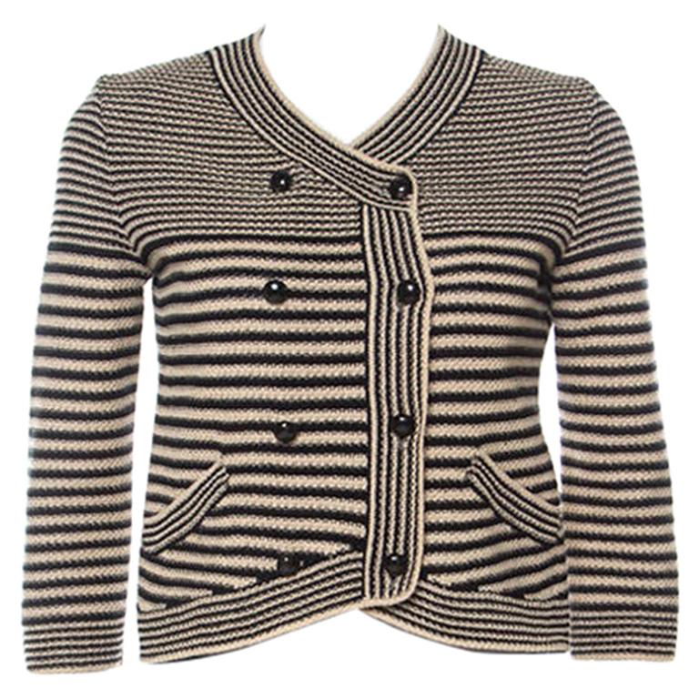 Chanel Black and Beige Striped Pattern Crochet Knit Silk Blend Cardigan S