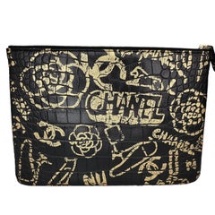 Chanel Black And Gold Croc-Embossed O-Case 2.55 Reissue