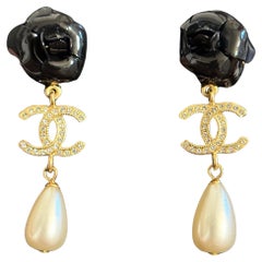 Antique CHANEL Black and Gold Crystal CC Flower Pearl Dangle Earrings