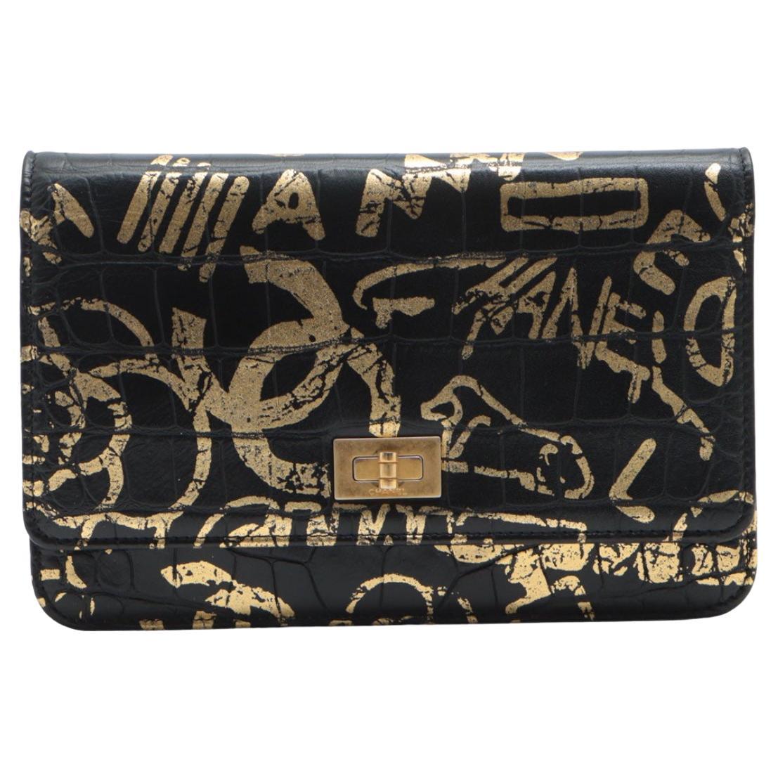 Chanel Black and Gold Graffiti Crocodile Embossed Calfskin 2.55 Reissue