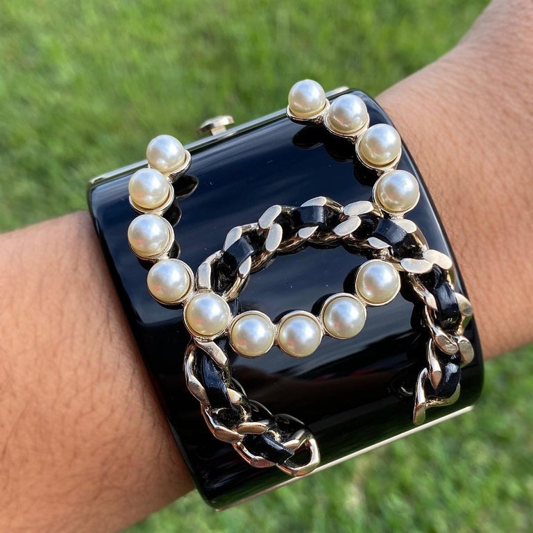 CHANEL Black and Gold Resin CC Pearl Chain Wide Cuff Bracelet at 1stDibs