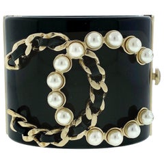CHANEL Black and Gold Resin CC Pearl Chain Wide Cuff Bracelet