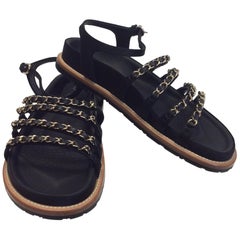 Chanel Black and Gold Strappy Chain Sandal