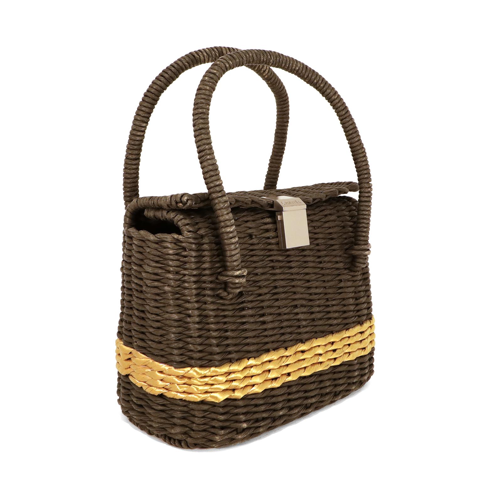 Chanel Black and Gold Wicker Basket Bag  In Excellent Condition For Sale In Palm Beach, FL