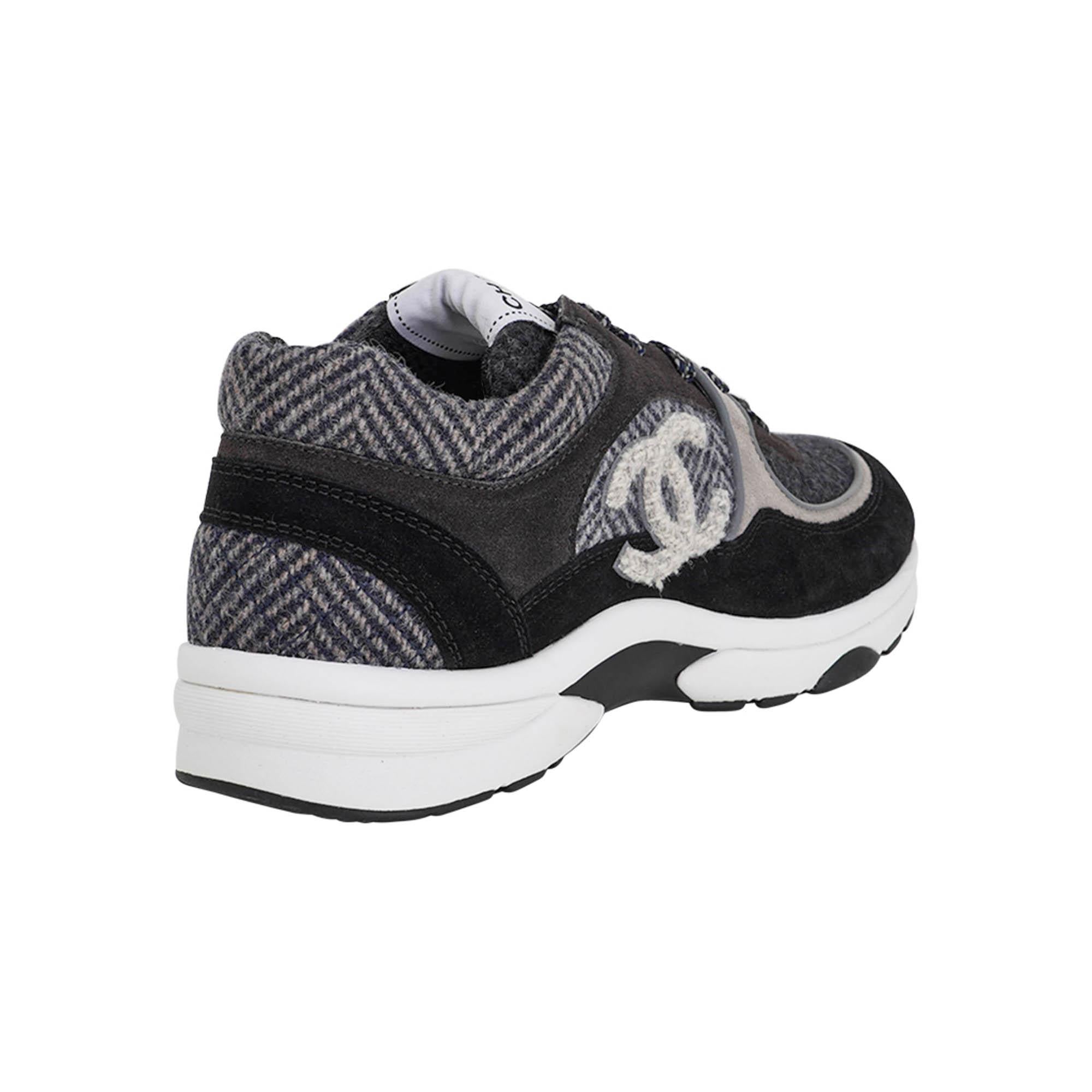 Chanel Black and Gray CC Low Top Sneakers 37.5 In New Condition For Sale In Miami, FL