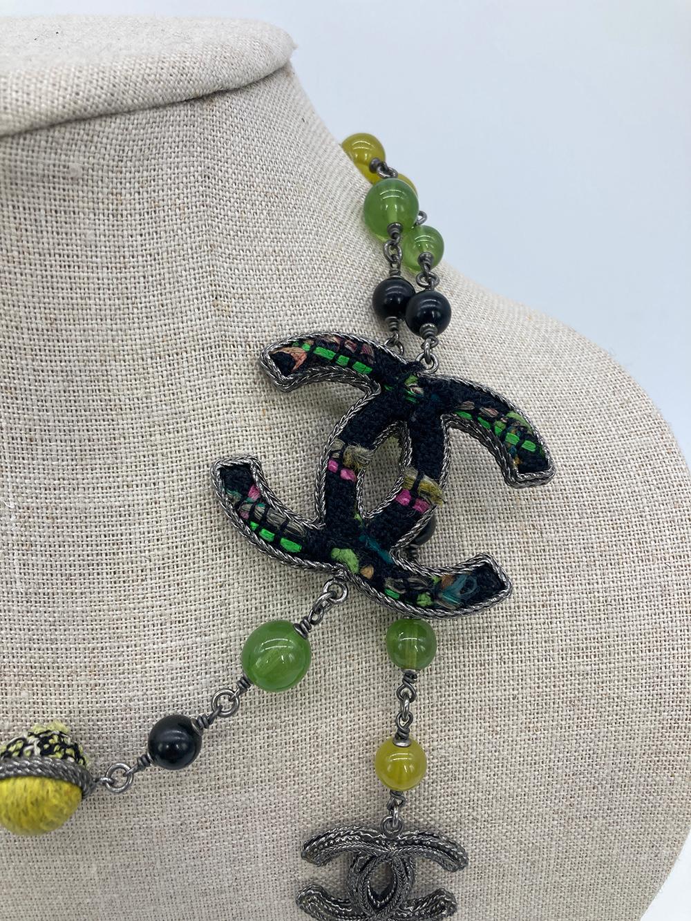 Chanel Black and Green Silver Tweed Beaded CC Logo Necklace- RARE In Excellent Condition In Philadelphia, PA