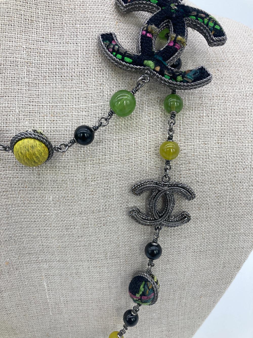 Women's Chanel Black and Green Silver Tweed Beaded CC Logo Necklace- RARE