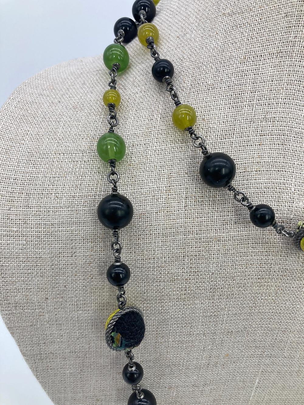 Chanel Black and Green Silver Tweed Beaded CC Logo Necklace- RARE 1