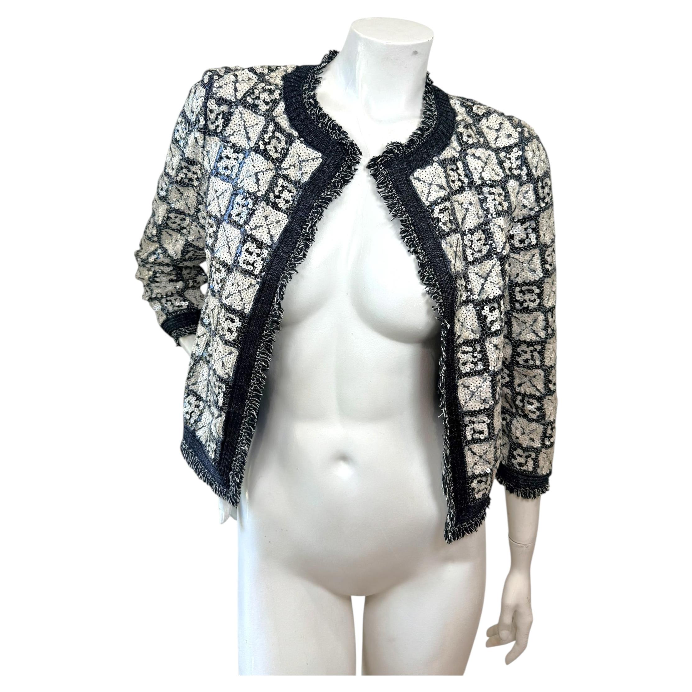 Chanel Black and Ivory Sequin Embellished Cropped Jacket Size FR 34