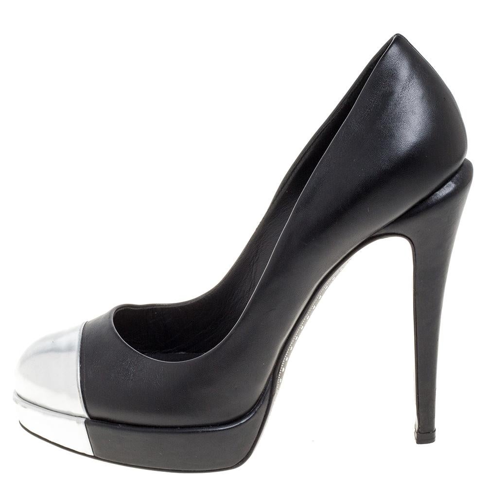 Chanel’s elegance and distinctive style are evident in these platform pumps. They are made from leather and feature metallic cap toes, the CC logo, platforms, and 13 cm high heels. The soles and insoles are also in leather.

Includes:Original