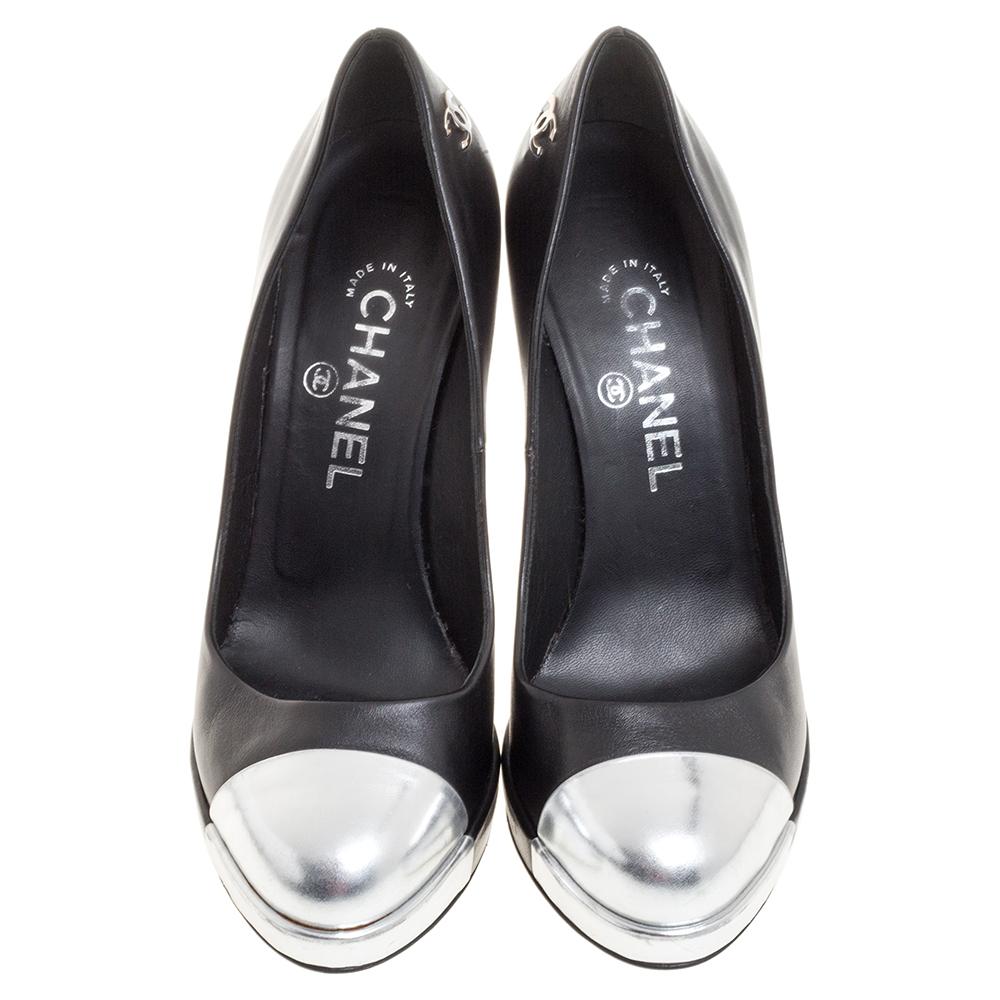 black pumps with silver cap toe