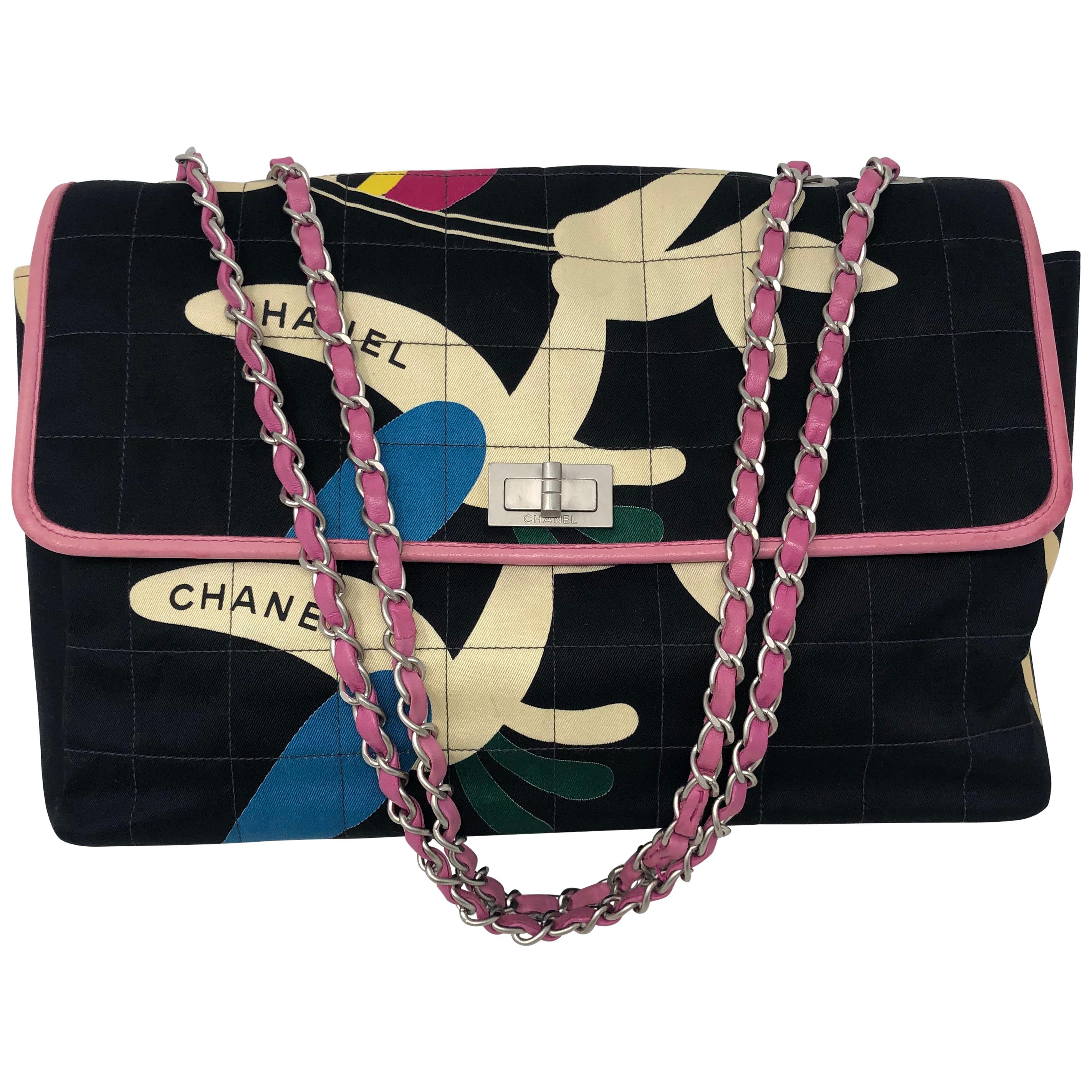 Chanel Black and Pink Cottton Flap Bag 