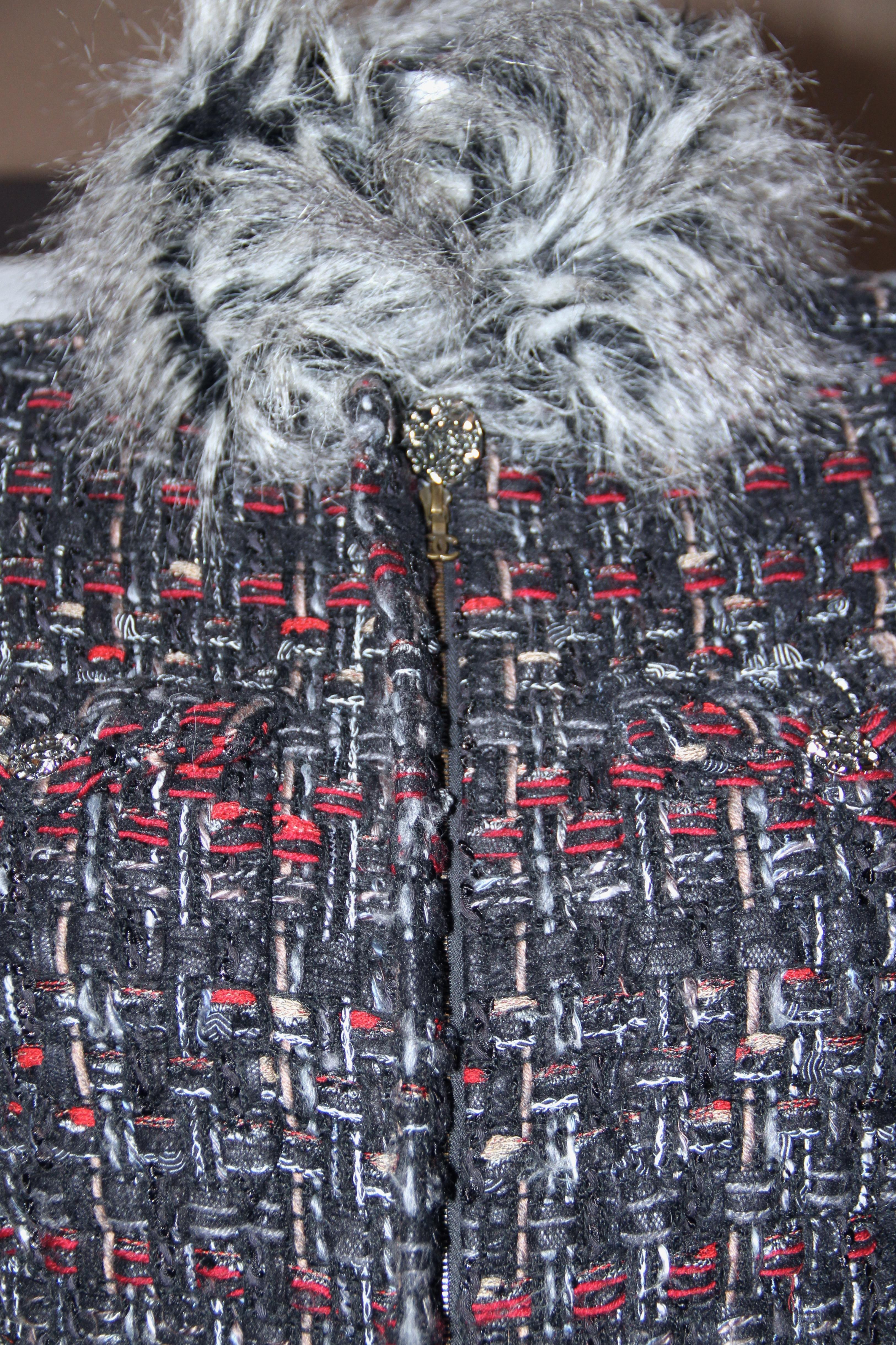 Chanel Black and Red Tweed Jacket with Grey Faux-Fur Trim  2