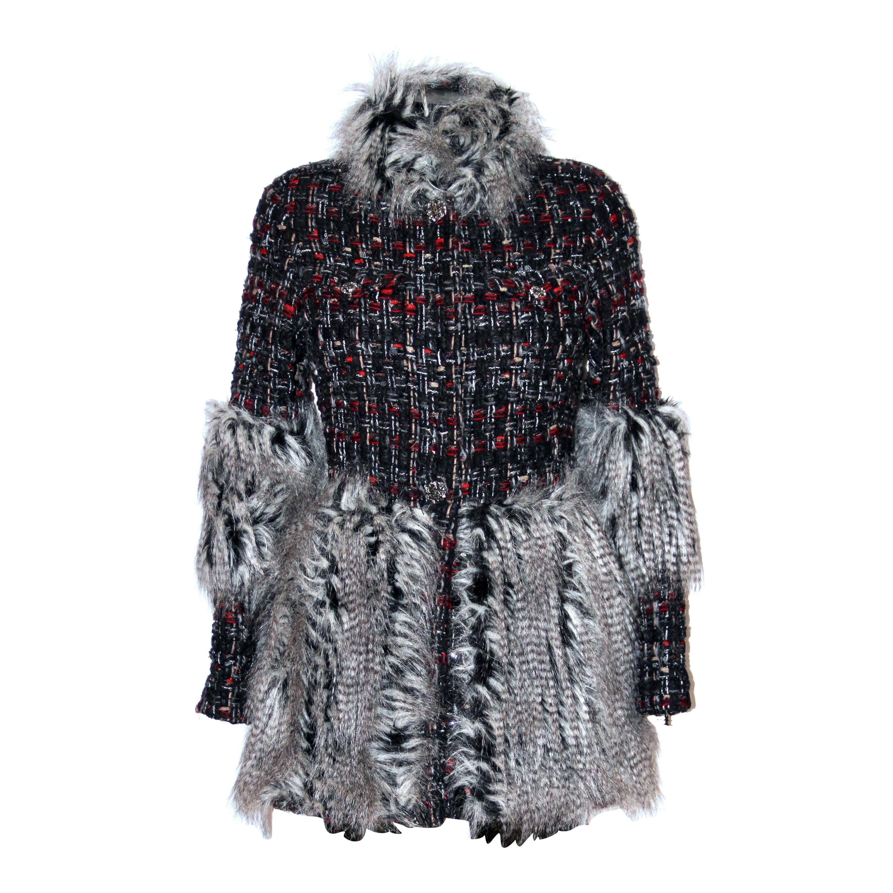 Chanel Black and Red Tweed Jacket with Grey Faux-Fur Trim 