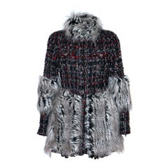 Chanel Black and Red Tweed Jacket with Grey Faux-Fur Trim