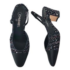 Chanel Black and Sequin Tweed Cap Toe CC Logo Slingback Pumps 40.5