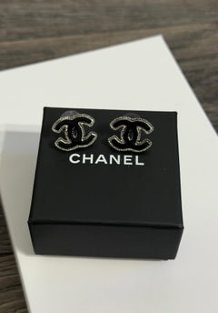 CHANEL Black and Silver CC Logo Stud Earrings