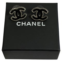 CHANEL Black and Silver CC Logo Stud Earrings