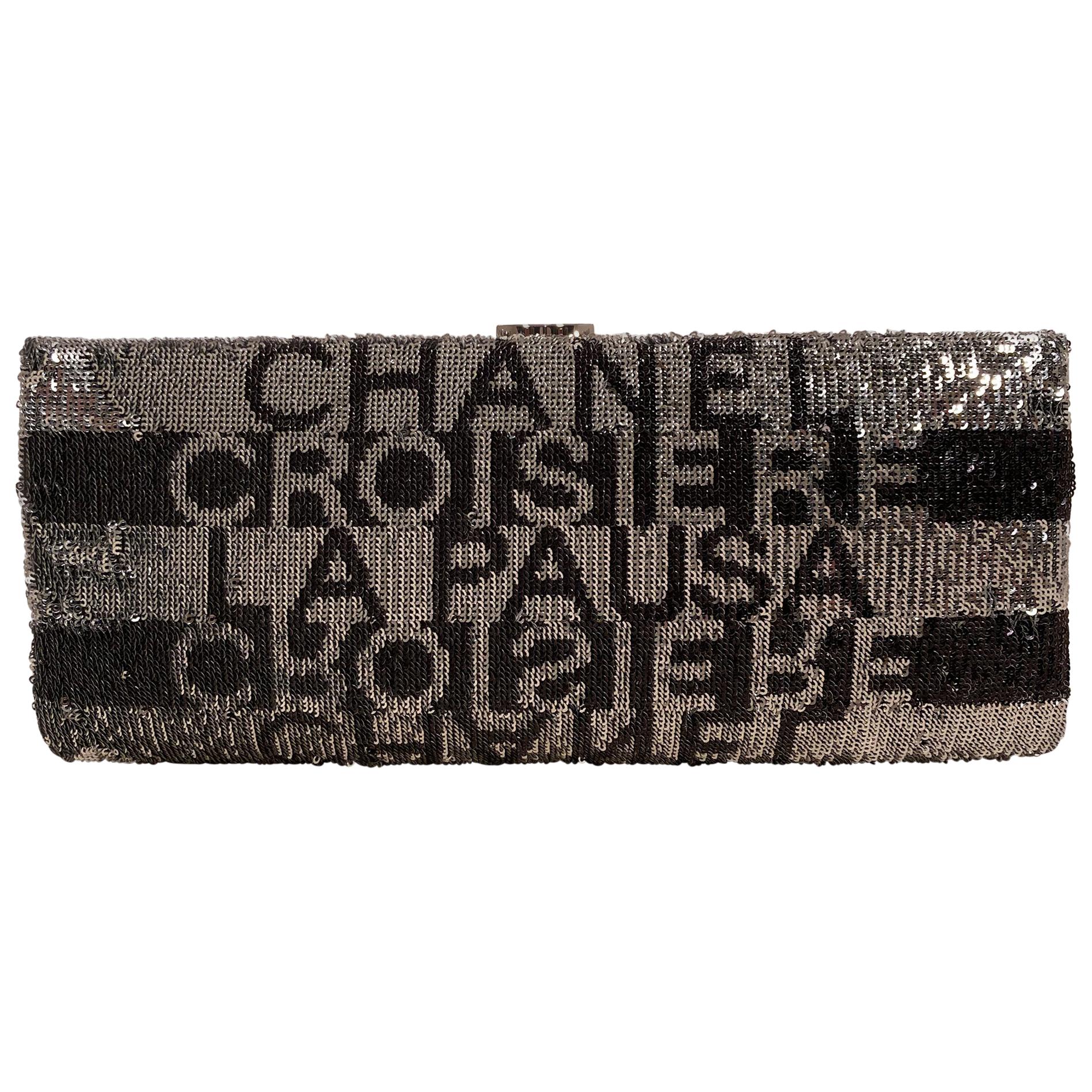 Chanel Black and Silver La Pausa Embroidered Satin Clutch