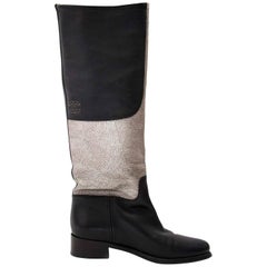 Chanel Black And Silver Leather Tall Riding Boots