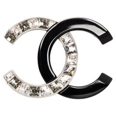 Chanel Black and Silver Logo Crystal Brooch 