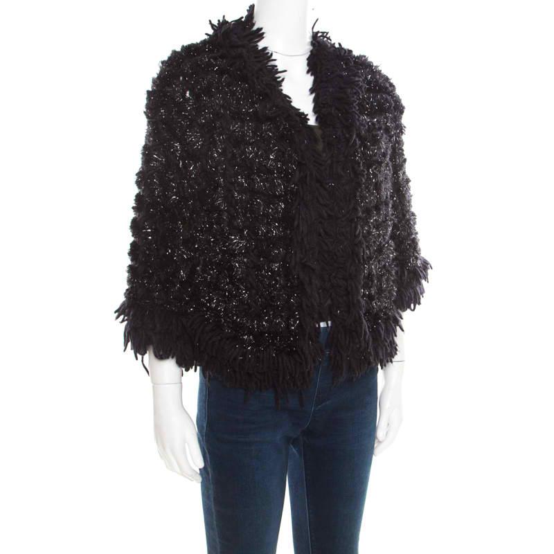 Chanel Black and Silver Perforated Crochet Knit Fringed Cropped Jacket M In Good Condition In Dubai, Al Qouz 2