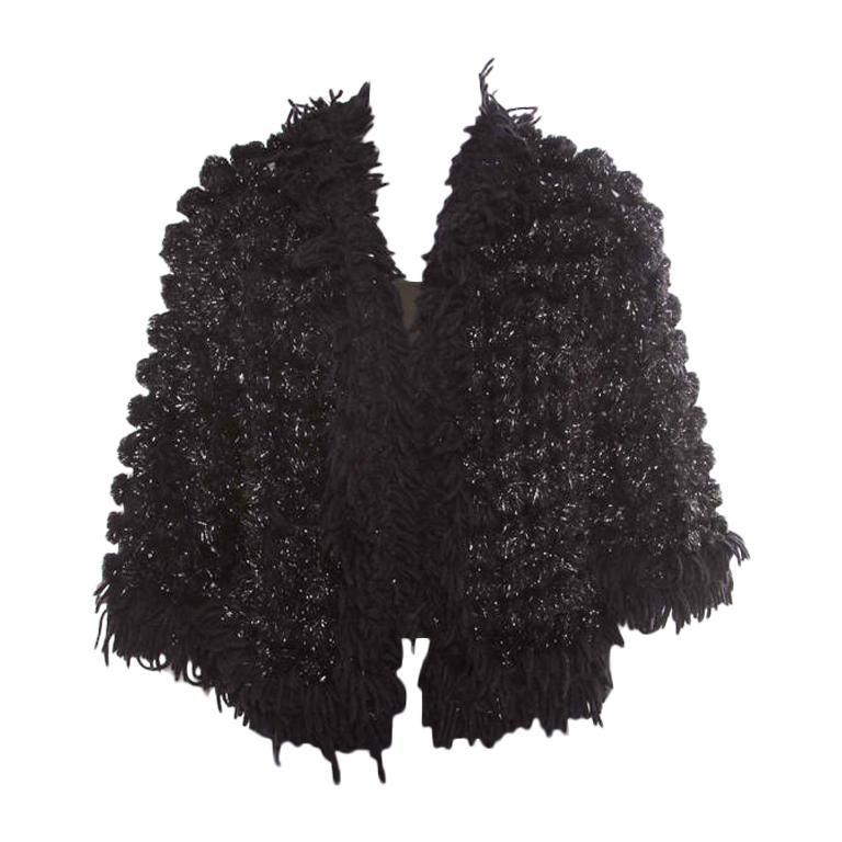 Chanel Black and Silver Perforated Crochet Knit Fringed Cropped Jacket M