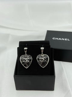 CHANEL Black and Silver Tweed Effect CC Heart Dangle Earrings