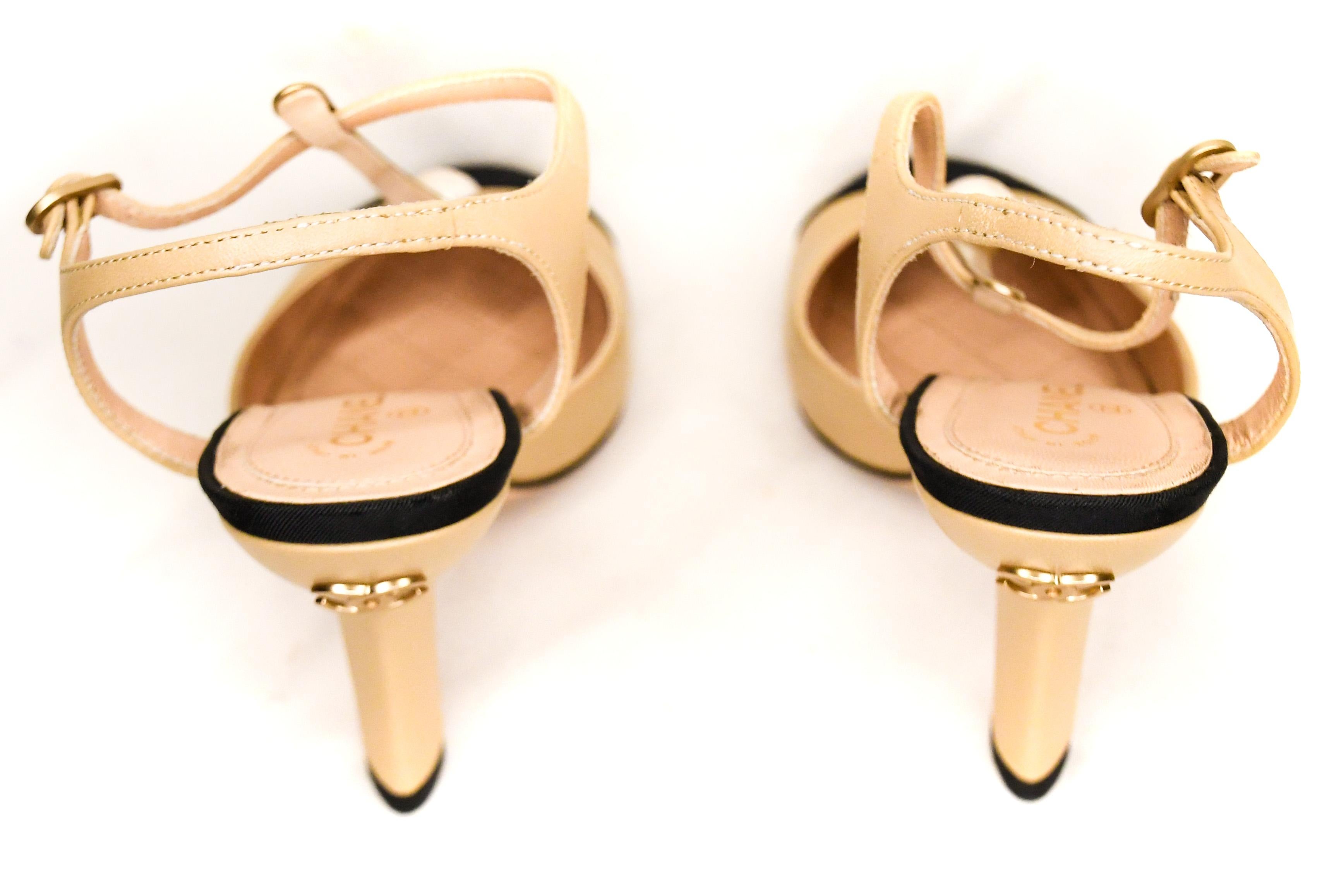 Beige Chanel Black and Tan T-Strap Shoes w/Round Grosgrain Cap Toes and Pearls EU 36
