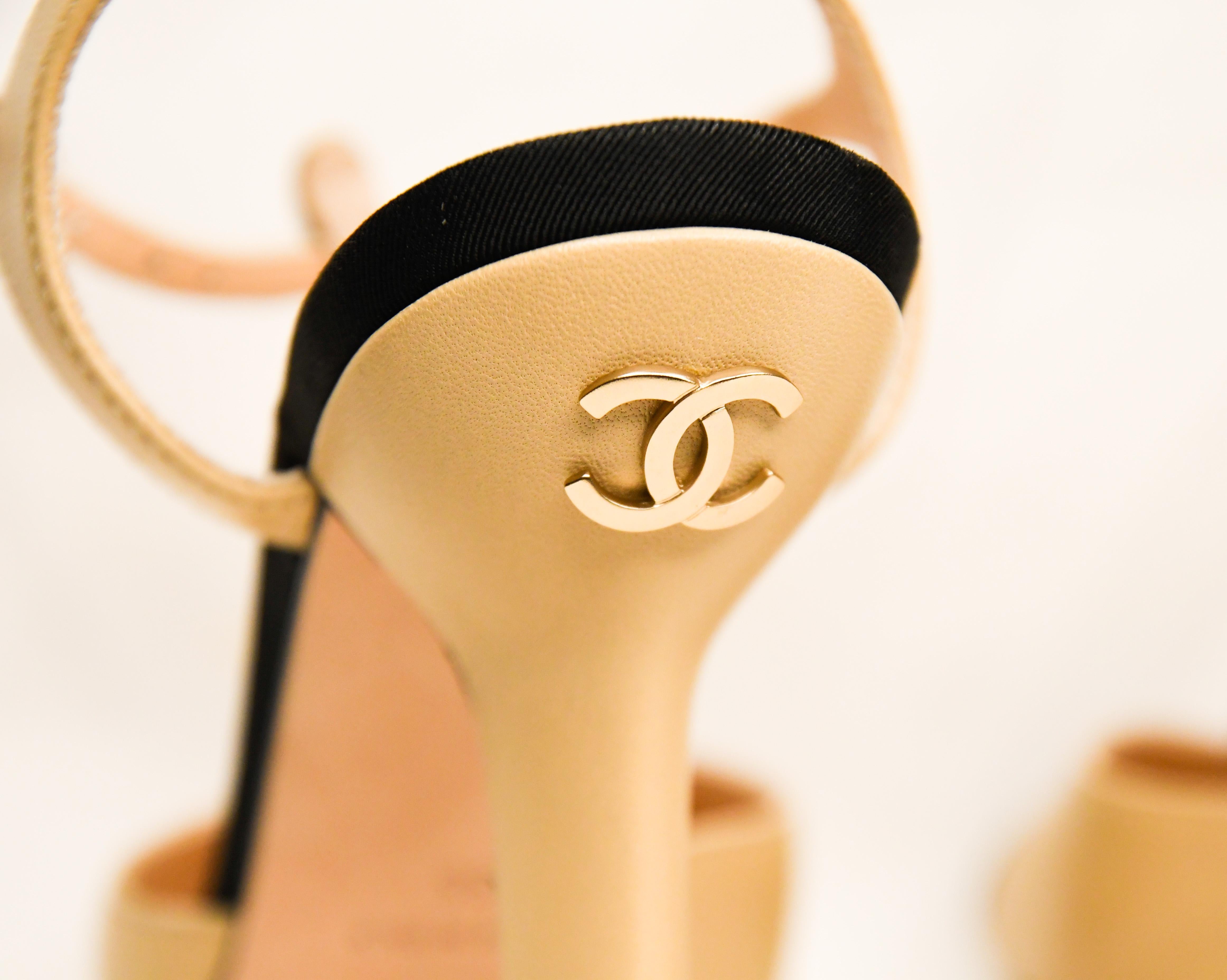 Women's Chanel Black and Tan T-Strap Shoes w/Round Grosgrain Cap Toes and Pearls EU 36