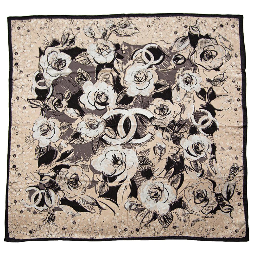 Chanel Black and White Camelia Scarf