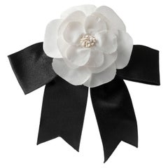 Used Chanel Black and White Camellia Flower Bow Pin