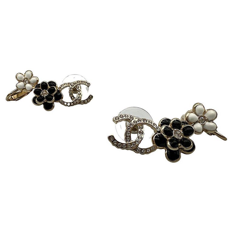 CHANEL Black and White Camellia Stud Earrings