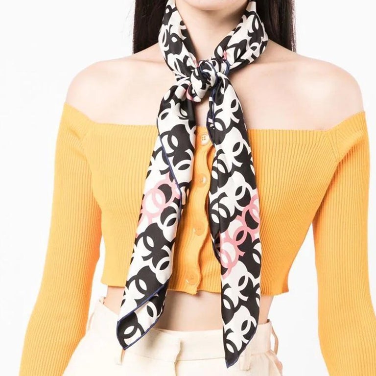 Chanel Black and White CC Pattern Silk Scarf at 1stDibs