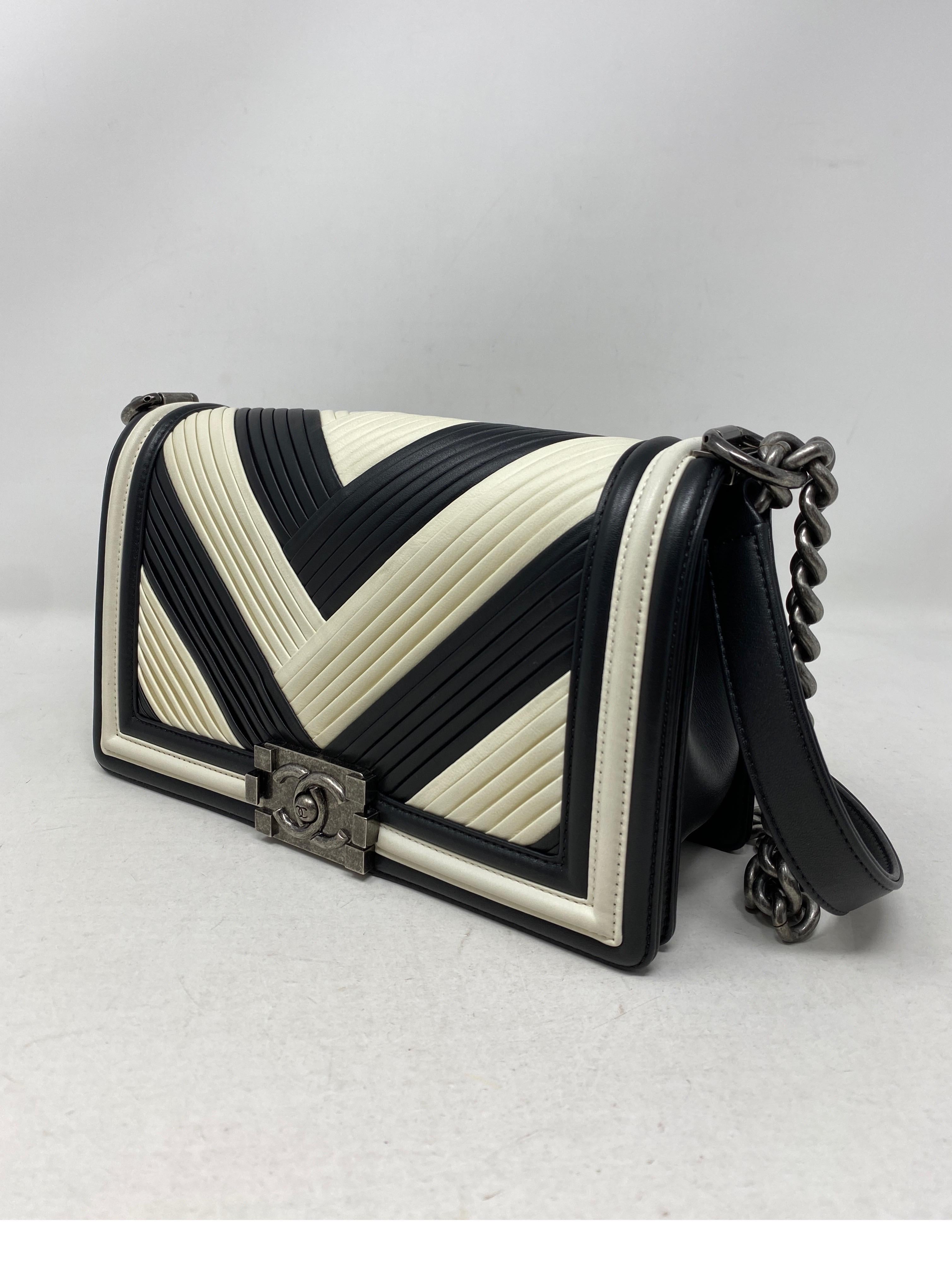Chanel Black and White Chevron Boy Bag 9
