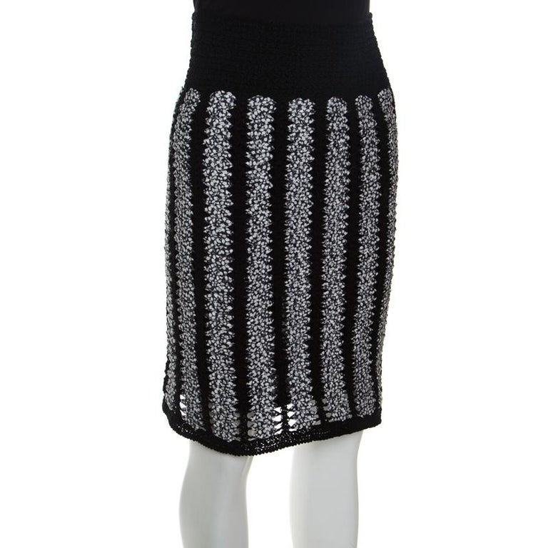 Chanel Black and White Crochet Detail Geometric Textured Skirt M For ...