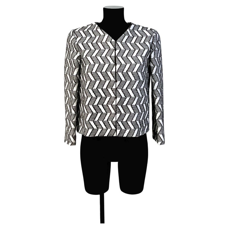 Chanel Black and White Geometric Design Tweed Jacket For Sale
