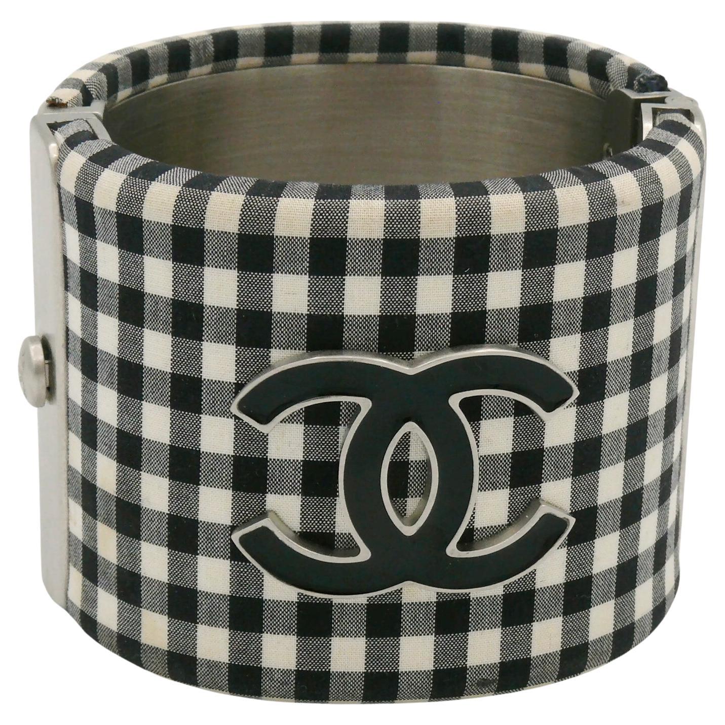 CHANEL Black and White Gingham Vichy Print Cuff Bracelet, Resort Collection 2011 For Sale